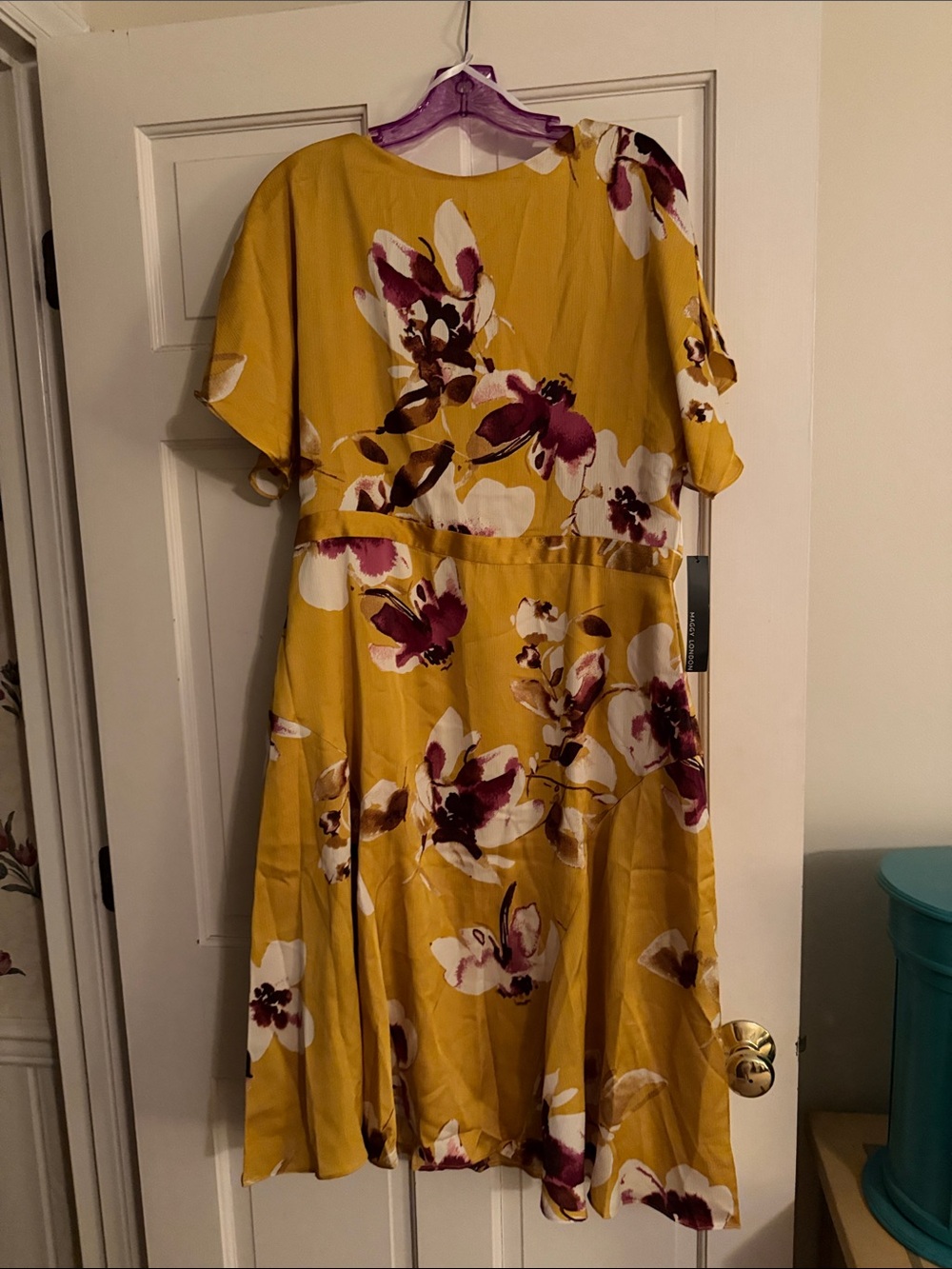 Maggy London Mustard Floral Midi Dress with Plum Accents